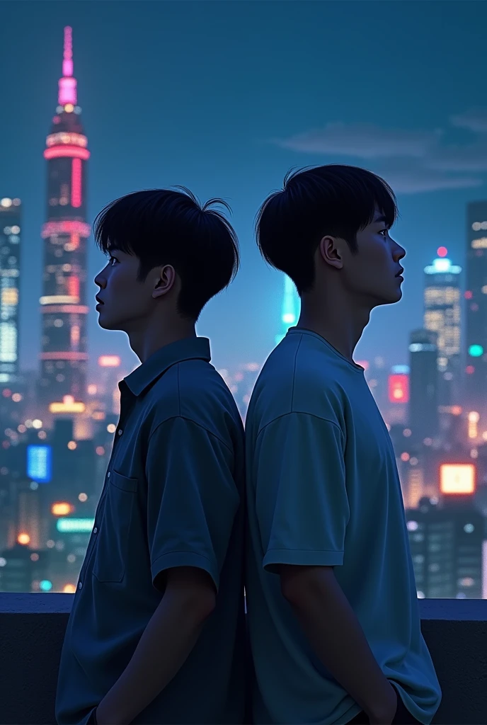 Two Korean men standing back to back but looking to the right with the city of Seoul at night in the background and Bed Chem by Sabrina Carpenter in the background