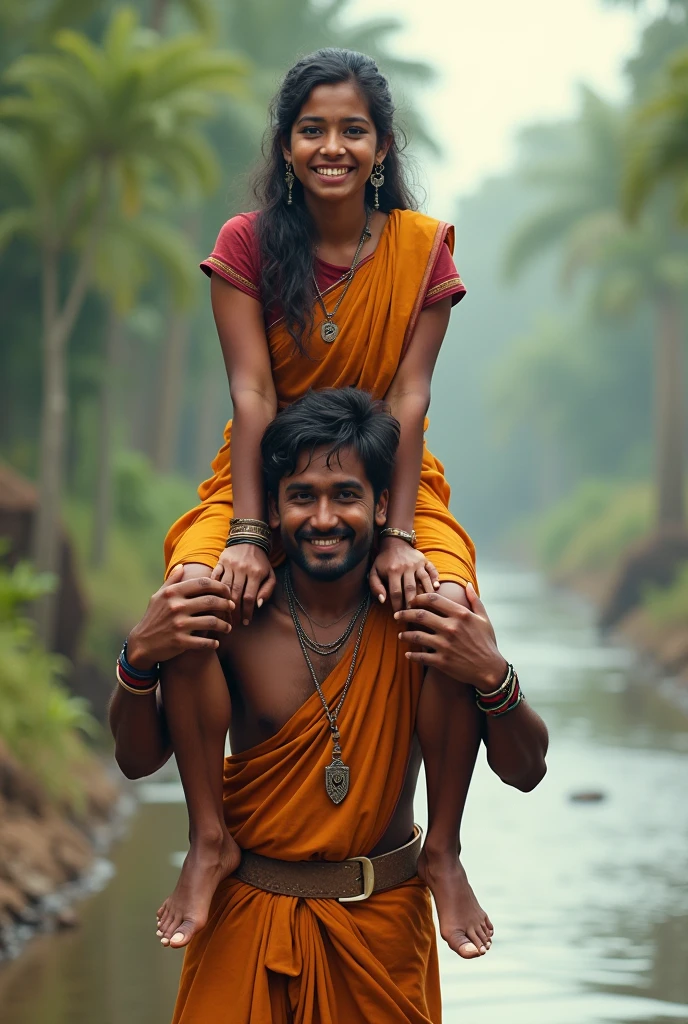 Beautiful and smiling Typical indian village ragpicker young woman carrying a large man on her head, man is sitting on her shoulders, nearby a river