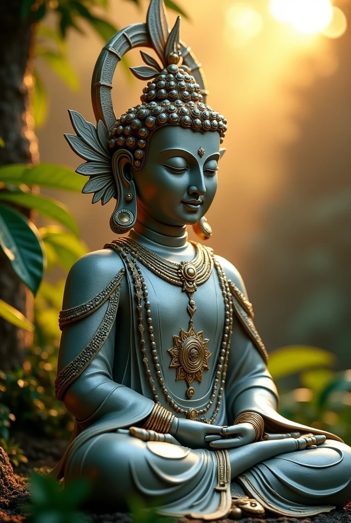 hightech cyber predator buddha statue from space with visible circuits on his face, from the future, cyberpunk, alien like, highly detailed, hyper realistic, intricate details, obsidian, shiny, reflective, glowing aura, dramatic lighting, cinematic composition, serene expression, peaceful meditation pose, ornate decorations, gold accents, natural environment, lush foliage, sunbeams, photorealistic, 8k, masterpiece, cs-m3tal-ok_v06-1000
