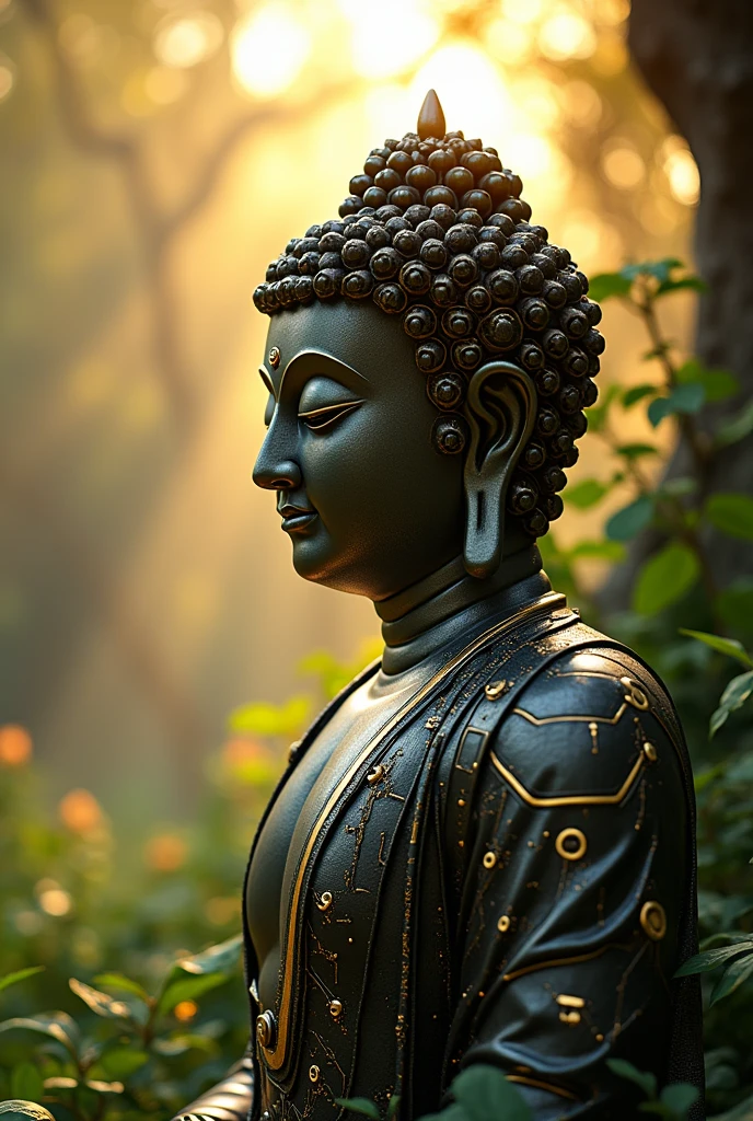 hightech cyber predator buddha statue from space with visible circuits on his face, from the future, cyberpunk, alien like, highly detailed, hyper realistic, intricate details, obsidian, shiny, reflective, glowing aura, dramatic lighting, cinematic composition, serene expression, peaceful meditation pose, ornate decorations, gold accents, natural environment, lush foliage, sunbeams, photorealistic, 8k, masterpiece, cs-m3tal-ok_v06-1000