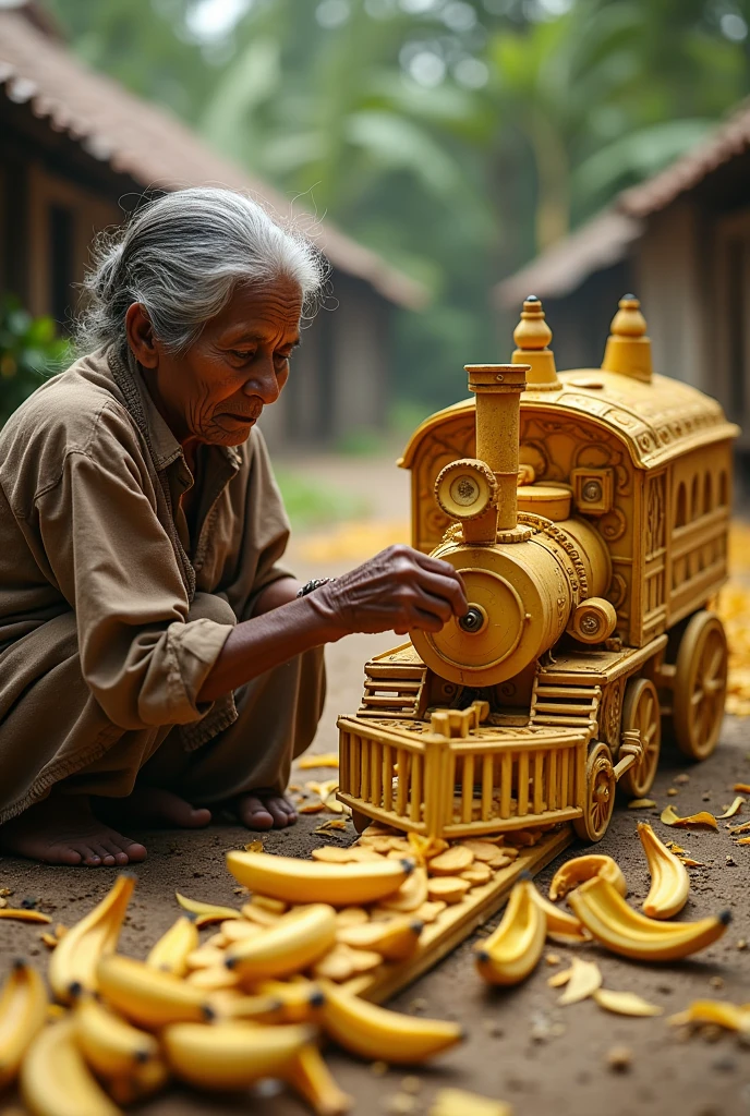 a indian poor old woman a making a biggest indian train out of banana