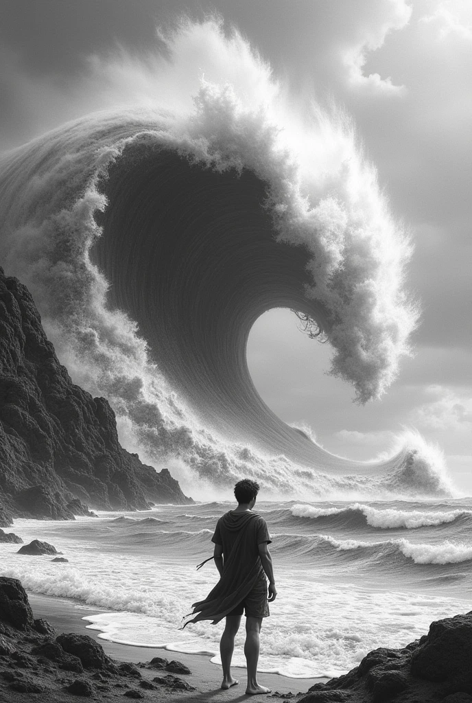 tsunami, the water coming like an avalanche towards the observer of the image, volcano, black and white drawing, pencil draw 