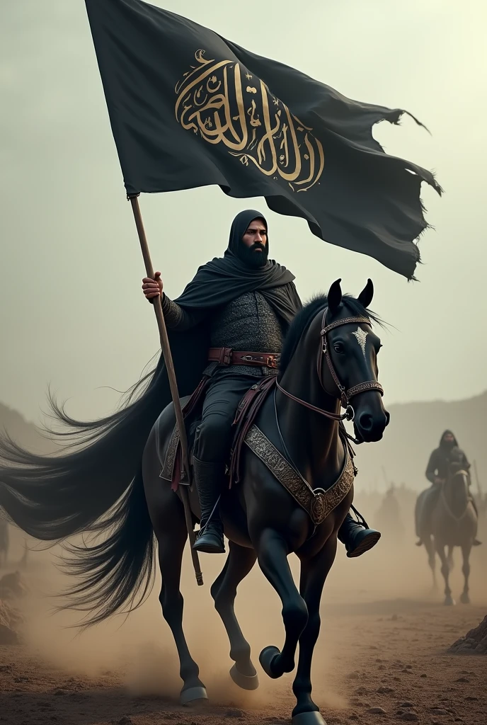 A Bangladeshi Muslim warrior carries a black flag with kalima. he is wearing black battle dress,riding horse