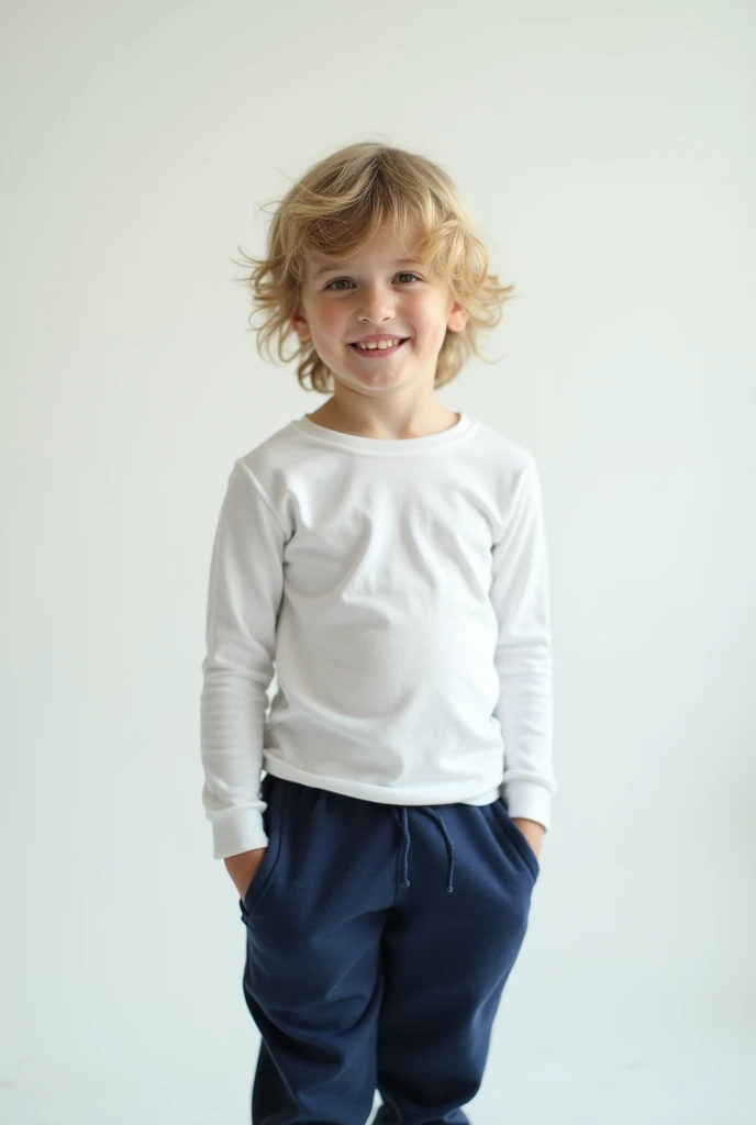 FOTOGRAFIA DE CUERPO ENTERO DE UN NIÑO EUROPEO, DE PELO CLARO. VISITNEDO CAMISETA BLANCA DEMANGA LARGA Y PANTALON JOGGINS COLOR AZUL MARINO. analogue,film、washedout, 300 iso film stock, mark,beautiful cinematic lighting,engaging atmosphere, , ((film still,movie still)),photograph,volumetric lighting,Slow Shutter Speed,Primitivism, RAW photo,ultra-sharp focus,internationally-acclaimed photograph,ambient atmosphere,ambient, WHITE BACKGROUND