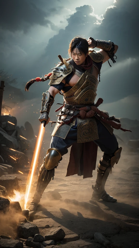 "A powerful and commanding Japanese warrior from ancient times, depicted in a dramatic and energetic scene. The warrior wears traditional samurai armor, intricately detailed with dark, weathered metal and ornate embellishments. His stance is strong and determined, exuding strength and high energy. The background hints at a battlefield, with swirling dust and muted colors adding to the intensity. The sky is overcast, with rays of light breaking through, illuminating the warrior. The overall atmosphere conveys a sense of ancient power, resilience, and unyielding spirit."
