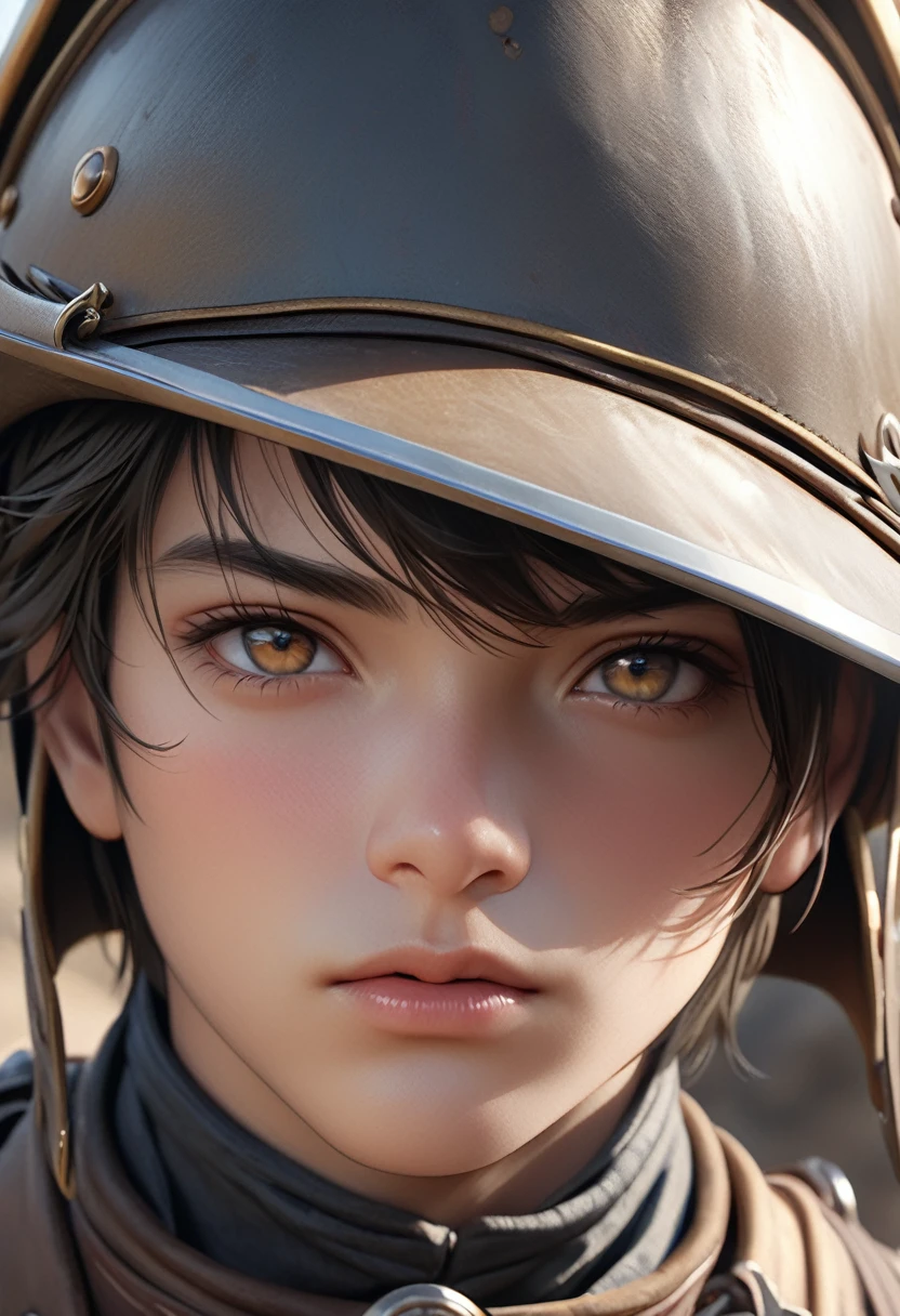 cavalry boy, best quality, 4k, 8k, highres, (masterpiece:1.2), ultra-detailed, (photo realistic,:1.37), looking at viewer, (face close up:0.4),--no watch,