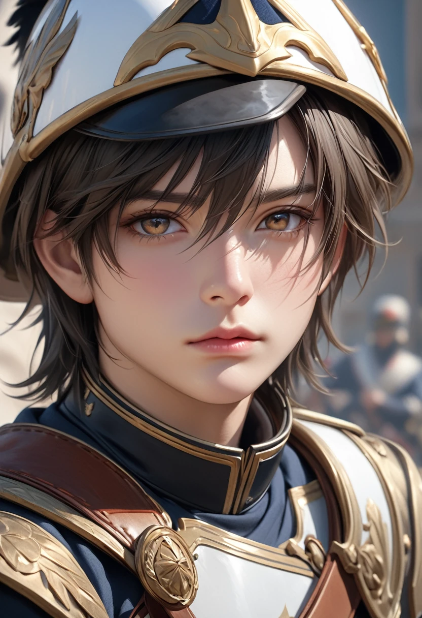 cavalry boy, best quality, 4k, 8k, highres, (masterpiece:1.2), ultra-detailed, (photo realistic,:1.37), looking at viewer, (face close up:0.4),--no watch,