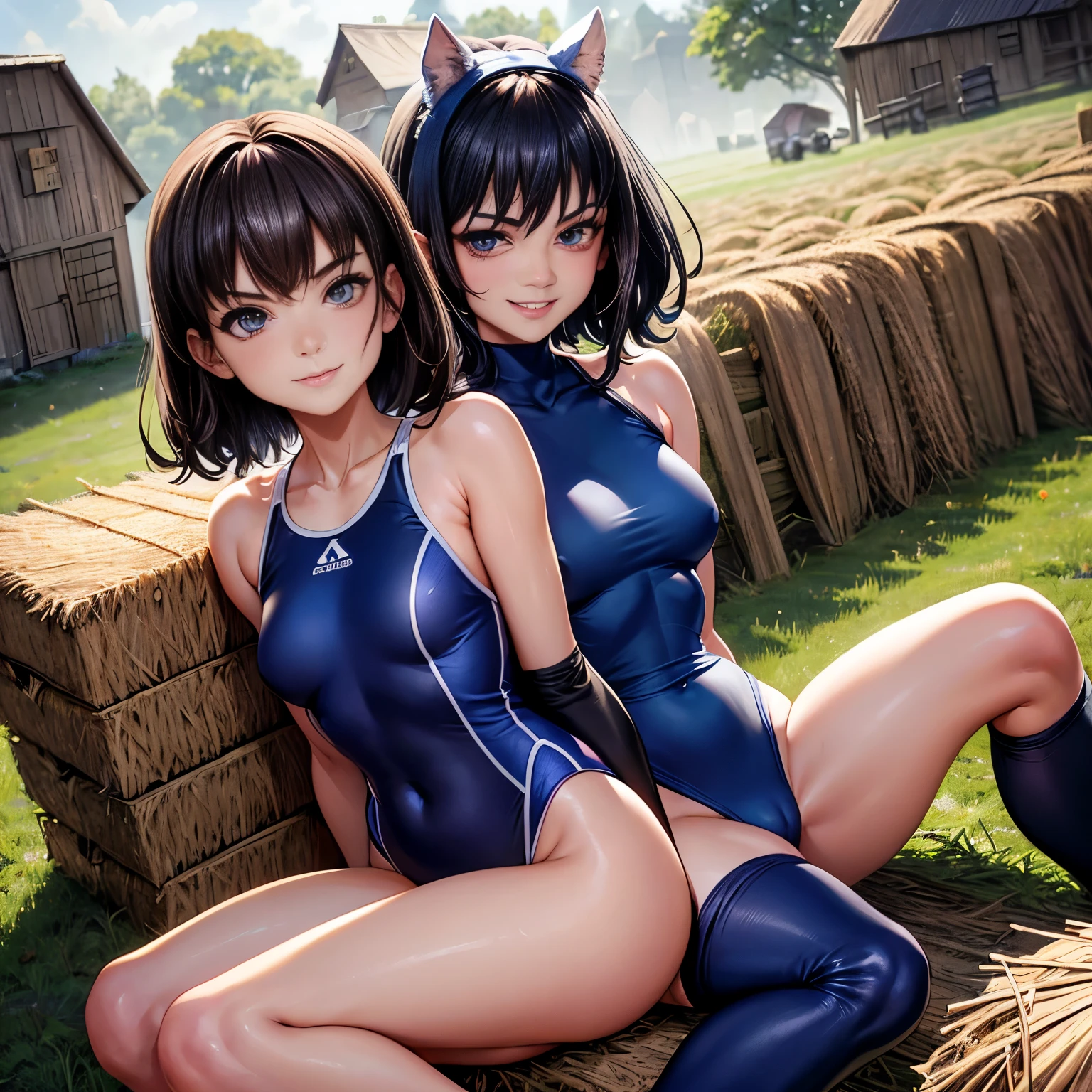  Brunetette, thin and slender, short and curly dark hair, small breasts and hips, service gloves, blue and white sports swimsuit, mischievous grin, sitting on a pile of hay in a barn, relaxed pose, wide sight, (character in the foreground) (sweaty skin) (adventure anime) 8 k quality