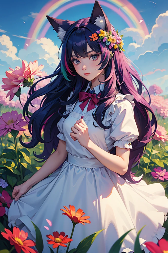 A girl with long hair and rainbow-colored hair is wearing a maid outfit and standing in a flower field with lots of big flowers. Upper body, fox ears.