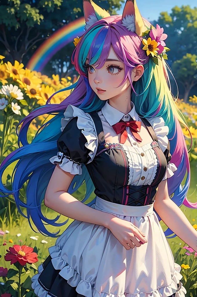 A girl with long hair and rainbow-colored hair is wearing a maid outfit and standing in a flower field with lots of big flowers. Upper body, fox ears.