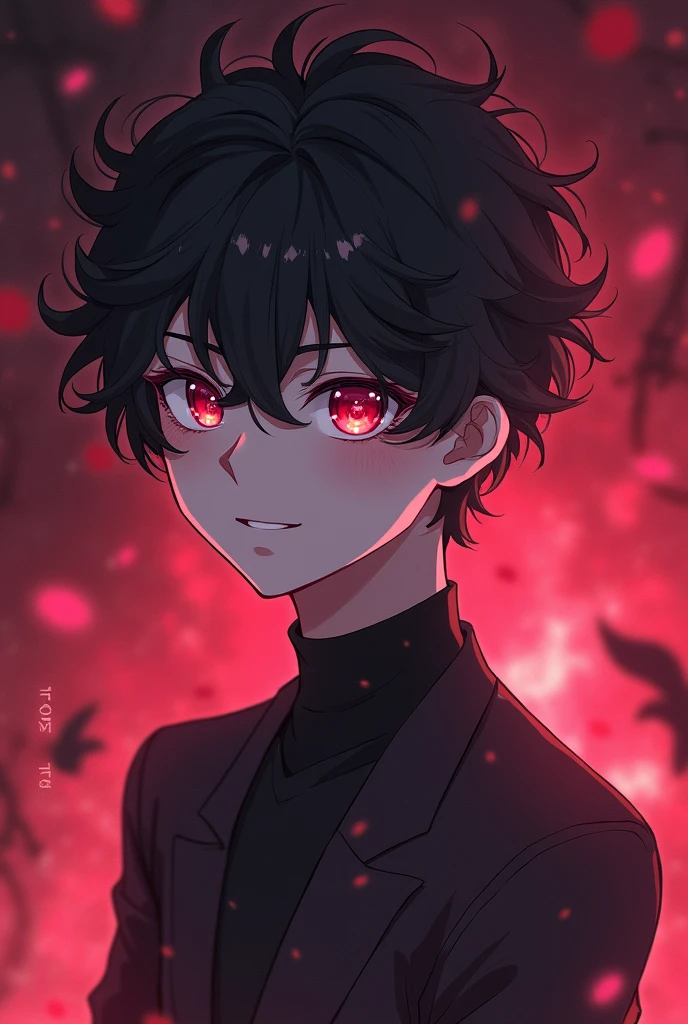 handsome, tall young man with a lean muscular build,pale skin. He has curly black hair and sharp, almond-shaped eyes. His irises are cat-like in appearance and are of a plum red color. Anime
