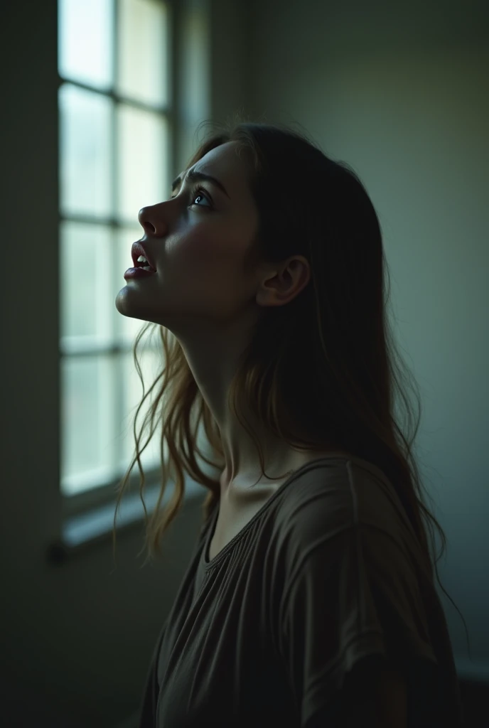 She is standing in a softly lit room, Next to a large window, turning your head slightly to the side, with a deeply hurt and betrayed expression on his face. Her eyes are wide and full of tears