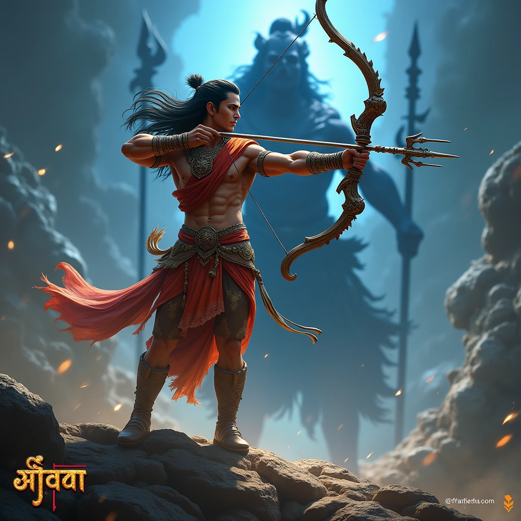 Create a realistic image where a man wearing Indian traditional dress about the time of Mahabharata, he's holding a dhanus in the air aim, in background there's is a blue and black shadow of lord Shiva , at the bottom of the image "Arjun" is written in traditional style and there is a 🔱 between the name