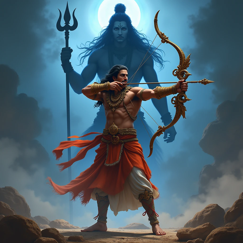 Create a realistic image where a man wearing Indian traditional dress about the time of Mahabharata, he's holding a dhanus in the air aim, in background there's is a blue and black shadow of lord Shiva , at the bottom of the image "Arjun" is written in traditional style and there is a 🔱 between the name