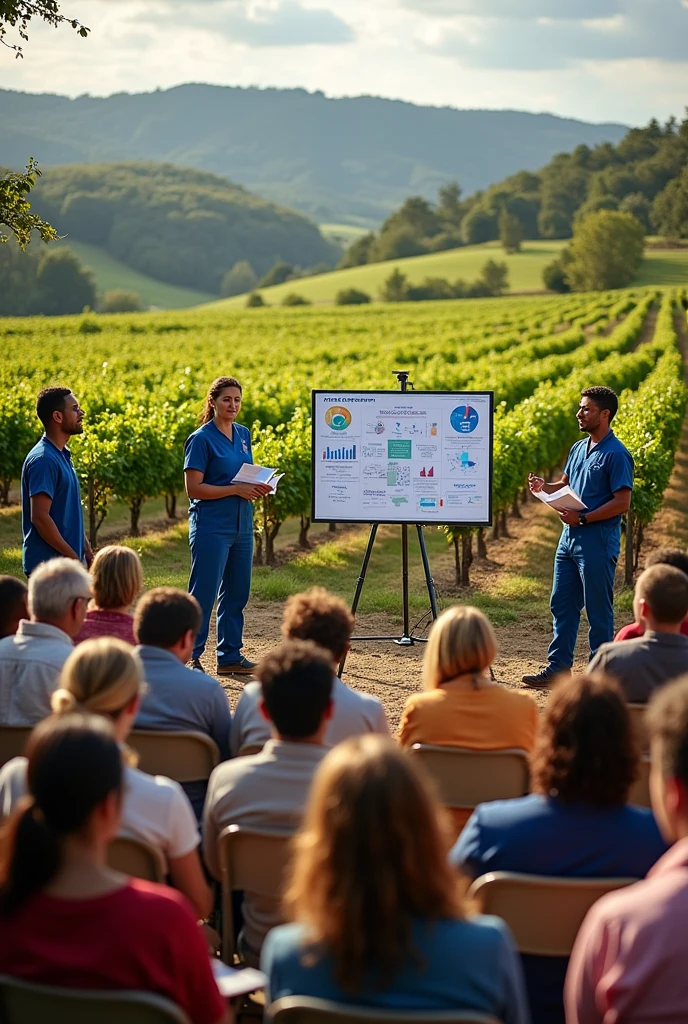 Create a photo of grape plantation workers watching a health campaign about the importance of hydration  (remember to show both workers and healthcare staff presenting slides)
