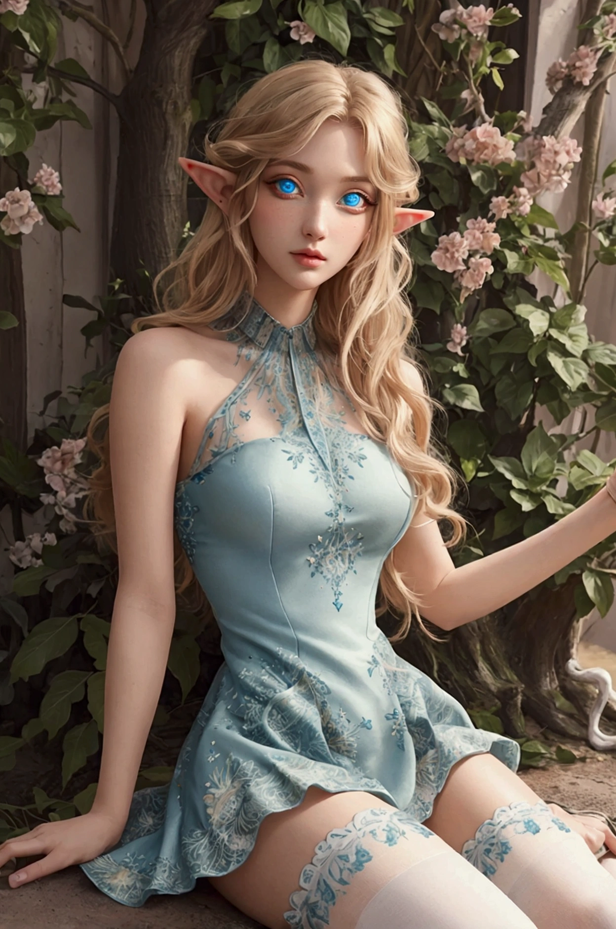 tiffaniawestwood, tiffania westwood, blonde hair, blue eyes, elf, long hair, pointy ears,
BREAK dress, green dress, halter dress, halterneck, sandals, thighhighs, toeless legwear, white thighhighs,
BREAK looking at viewer,
BREAK outdoors, forest,
BREAK (masterpiece:1.2), best quality, high resolution, unity 8k wallpaper, (illustration:0.8), (beautiful detailed eyes:1.6), extremely detailed face, perfect lighting, extremely detailed CG, (perfect hands, perfect anatomy),