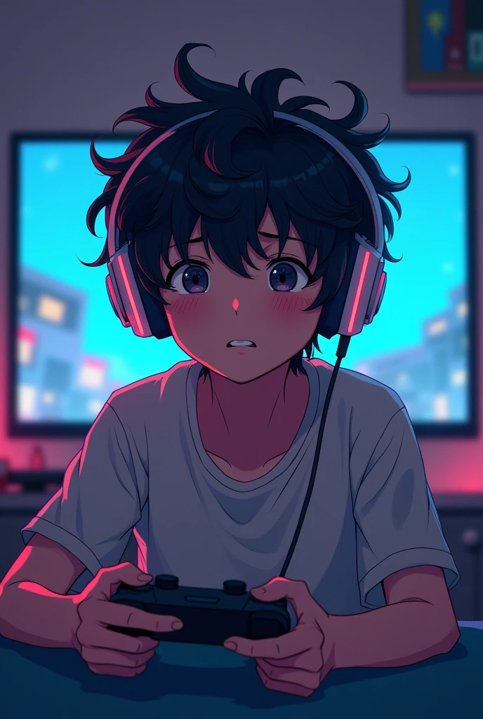 Anime of a young dark-haired boy with curly hair wearing headphones and a Playstation controller sitting playing