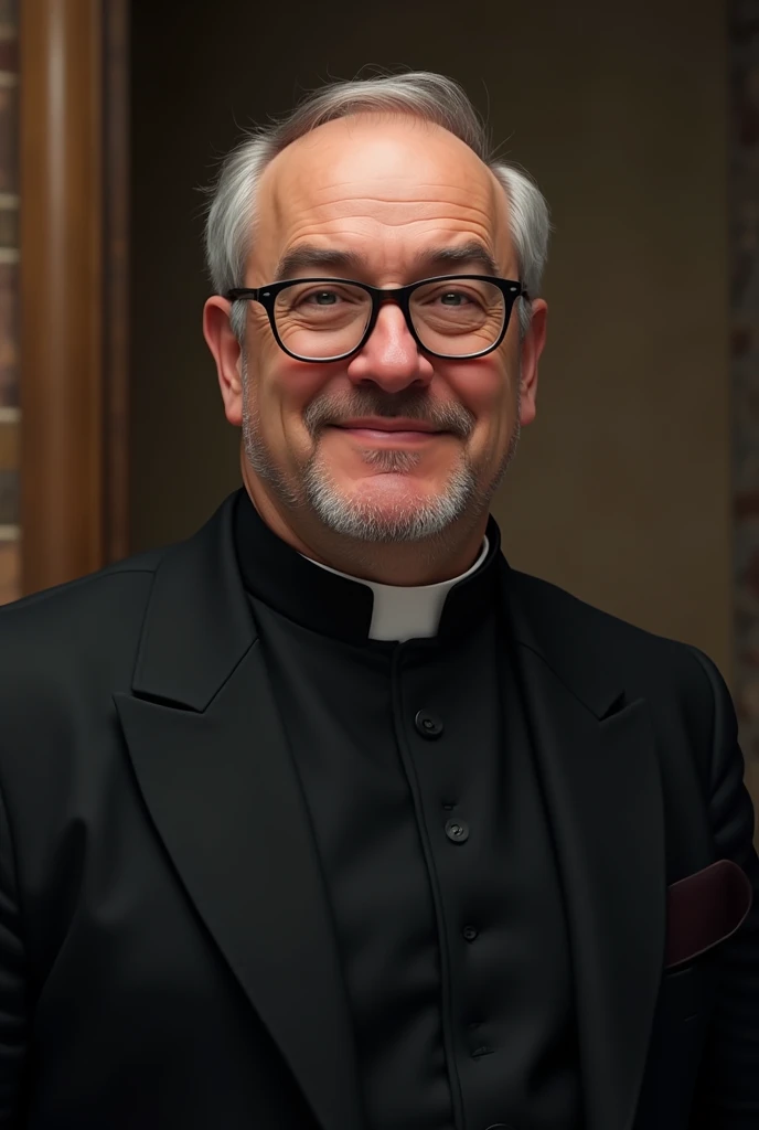 40 year old priest, bald with gray hair on the sides, a little fat, with glasses, black clothes and smiling