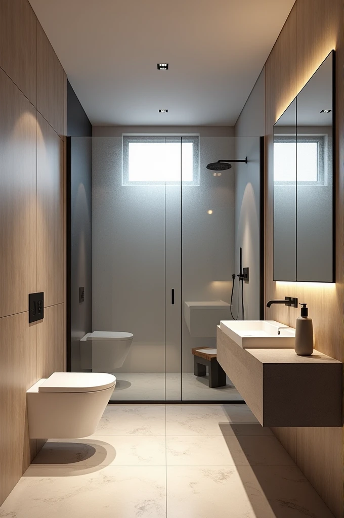 contemporary bathroom , small frosted glass window, super realistic render vray, with glass box up to the ceiling , suspended sanitary ware, stone sink countertop, wooden panel ,premium bathroom design, Cinematic Soft Vray,high quality rendering, render vray, Smooth, studio-quality rendering, vray 8k rendering, very realistic 3D rendering, render in vray, very realistic render
