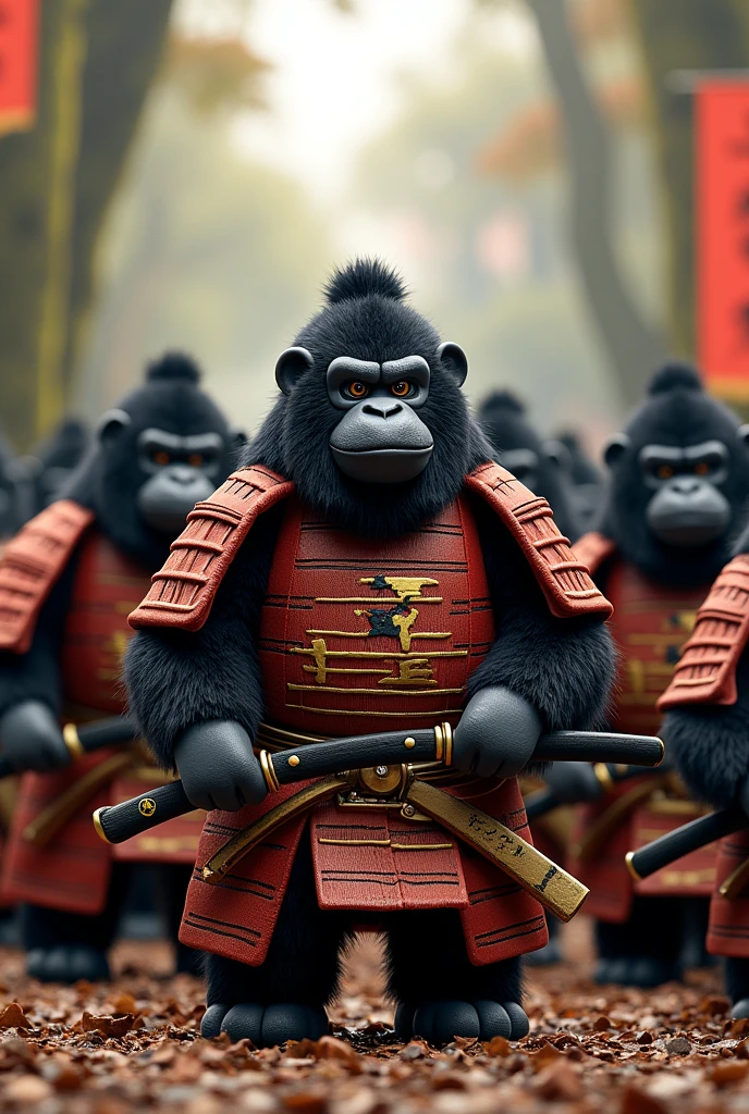 Stuffed gorilla dressed as a samurai Bring along your stuffed animal companions All the stuffed animals are gorillas I don't need a panda Make them all stuffed gorillas 10 friends is good