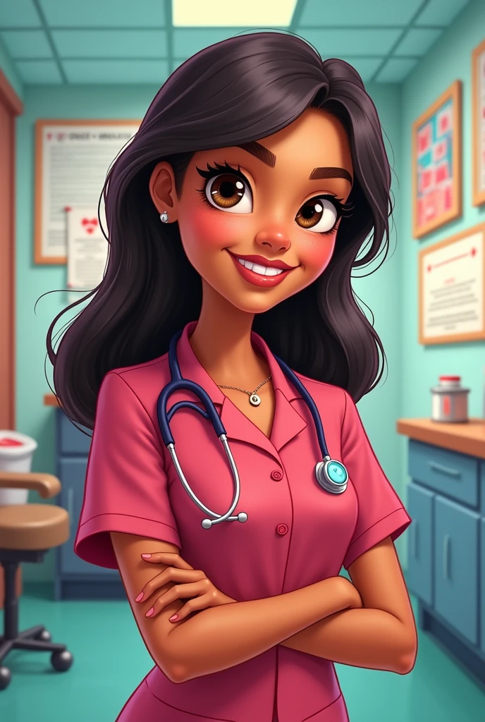 female doctor in cherry uniform, latina, animated cartoon