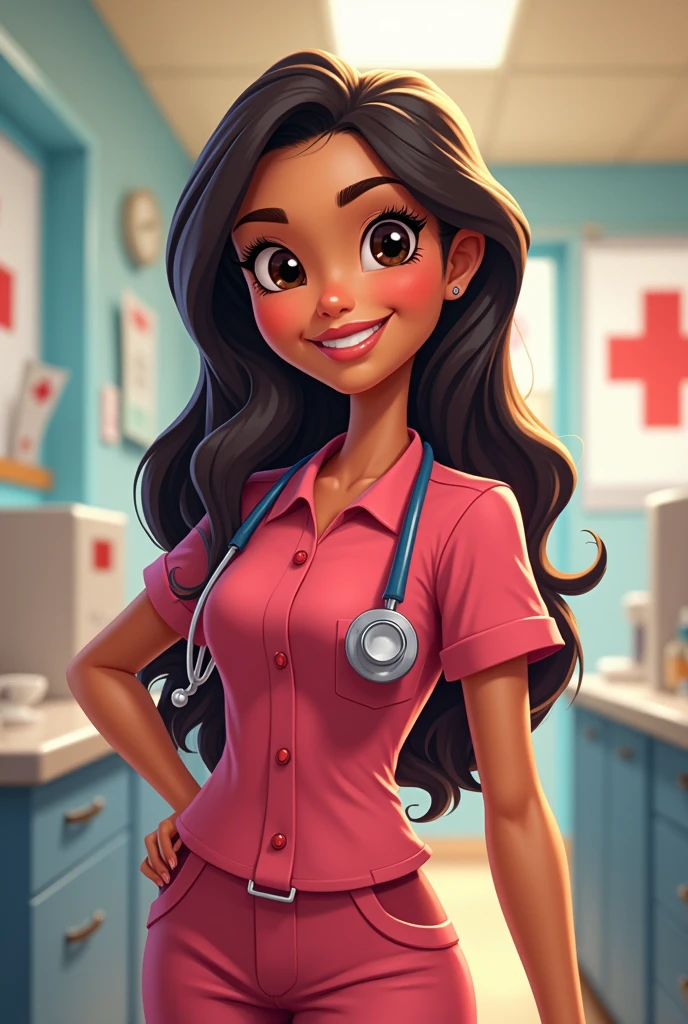 female doctor in cherry uniform, latina, animated cartoon