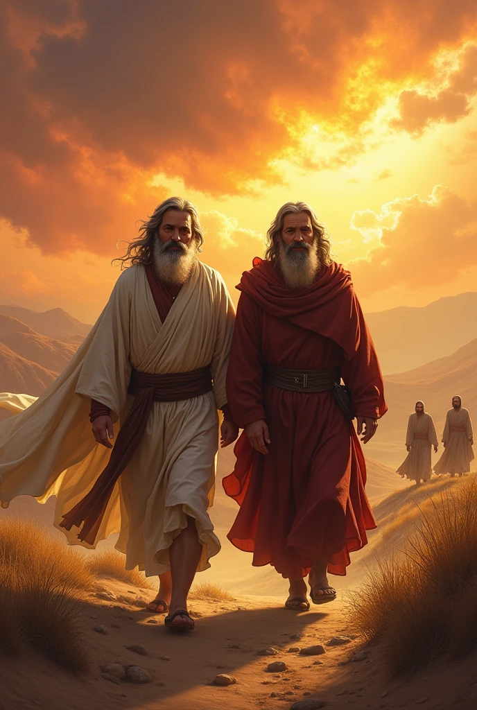 Elisha following Elijah to different places (Betel, Jericho, Jordan), fiery skies, with other prophets in the background, but Elisha always by Elijah's side, representing persistence and loyalty to the calling.
