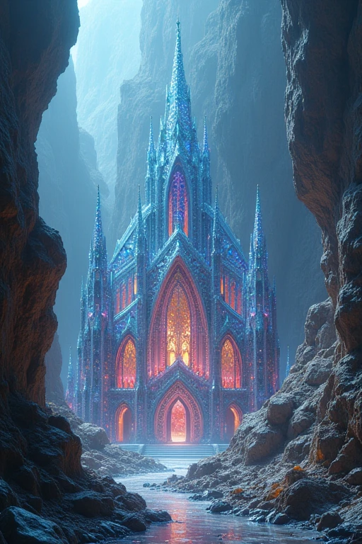 A building made of jewels. Gothic architecture. Show the whole building. Built on a rocky outcrop. Give it more of a sparkling, reflective feel.、There are gems buried in the surrounding rocks too.、Land of the Lustrous、A building made entirely of jewels. The exterior walls reflect the light and sparkle, giving it the transparency of jewels. The walls of the building are all diamonds.