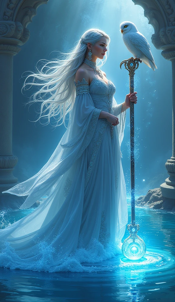 Epic Fantasy artwork, a breathtaking sketch featuring a female water genasi cryomancer, confidently poised upon the tranquil surface of serene waters, skillfully wielding an intricately designed staff radiating with shimmering magical energies, her regal robes adorned with beautiful carvings and flowing gracefully around her, capturing the essence of the aquatic realm, illuminated by a divine blue glow that enhances her mystical presence, casting an entrancing light across the water, silver hair cascading down her back in flowing waves, echoing the rhythm of the ocean's ebb and flow, her loyal companion, a majestic white owl, either perched elegantly upon her shoulder or gently resting on her hand, eyes gleaming with wisdom and loyalty, the atmosphere rich with an aura of magic and tranquility, inviting viewers to delve deeper into this captivating fantasy tableau, the composition thoughtfully arranged to emphasize her powerful stance against the tranquil backdrop of nature's beauty, encapsulated in a strikingly detailed studio-quality  that breathes life into the Dungeons & Dragons universe, showcasing the enchanting narrative of magic, adventure, and profound connections within this epic fantasy setting