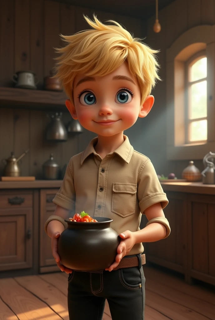 Create an image: a realistic boy with blond hair, metallic blue eyes, with beige shirt and black pants with pocket, he is handsome and is in a wooden room holding a pot with food. It is part of a fantasy book