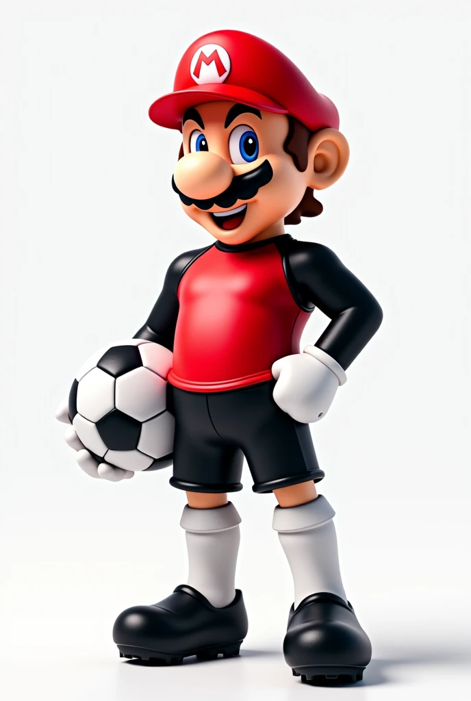 make me mario bros with a shirt half left red and half left black, Do it with black soccer shorts and white socks below the knee., black cleats and a soccer ball on his arm and a white background