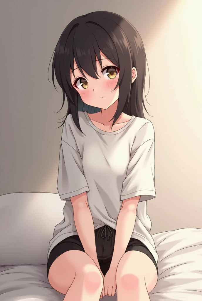 Komi of anime "Komi can't communicate" having shy face. Wearing white loss tshirt and black very short shorts. Her face litte upward seeing down to eyes. Her blush and cheeks gone pink. Background:she sitting on the bed, both hands on bed between legs 