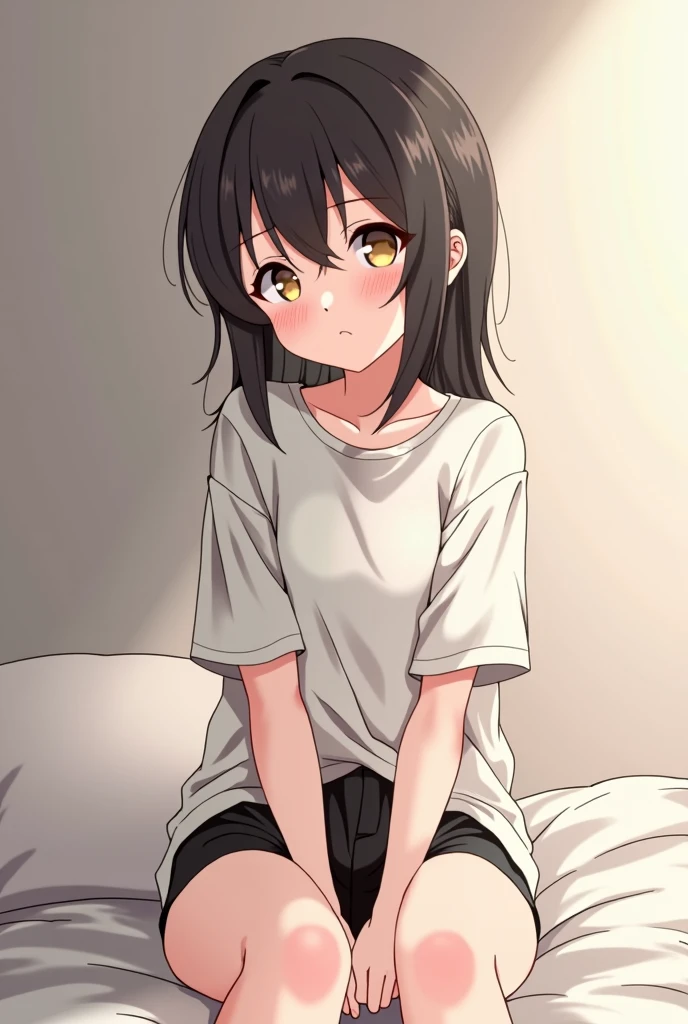 Komi of anime "Komi can't communicate" having shy face. Wearing white loss tshirt and black very short shorts. Her face litte upward seeing down to eyes. Her blush and cheeks gone pink. Background:she sitting on the bed, both hands on bed between legs