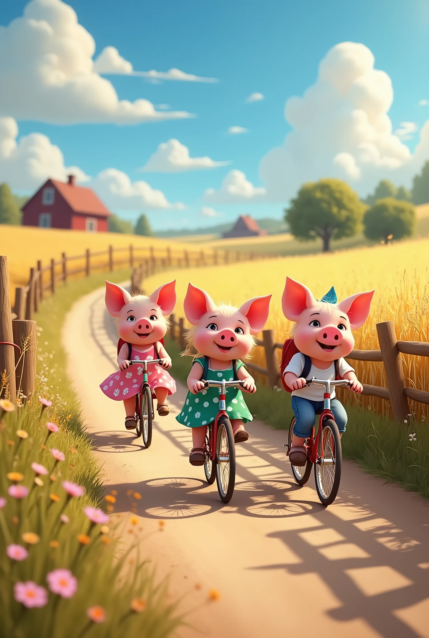 Charming countryside scene, pixar style, 3d, 3 piglets wearing dresses riding bicycles carrying backpacks. one piglet is wearing pink dress with white flowers carrying backpack, other piglet is wearing green dress with white polka dots carrying backpack, one piglet is wearing white t-shirt blue jeans and a blue bandana carrying backpack, Winding dirt road through golden wheat fields. Wildflowers dotting roadside. Rustic wooden fence, distant red barn. Fluffy white clouds in blue sky. Girl's pigtails and dress fluttering in breeze. Warm sunlight, long shadows, game button art, Game illustration, lovely digital painting, artstation for kids art, Official artwork, key art, mobile game art, cover game art, zootopia concept art, (soft lighting:1.3), (green and earthy color scheme:1.3), (highly detailed), (ultra quality:1.3), (masterpiece), (digital art), 8K resolution, HDR, depth of field, (soft shadows), (photorealistic:1.3), (animation:1.2), (by Greg Rutkowski:0.9), (in the style of Alphonse Mucha), trending on ArtStation, award-winning art, 3d style