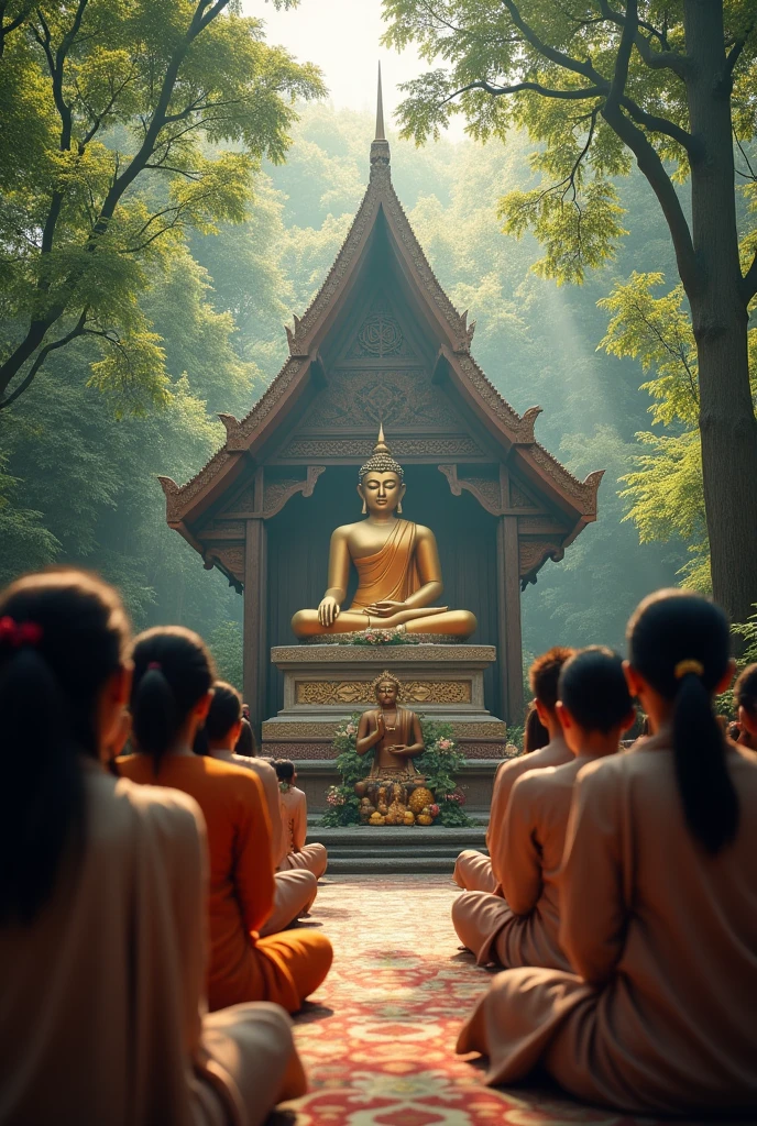 Thai people sit and pay respect to the Buddha giving blessings in the middle of the picture.,Scene at the forest temple ,Real picture,Real people
