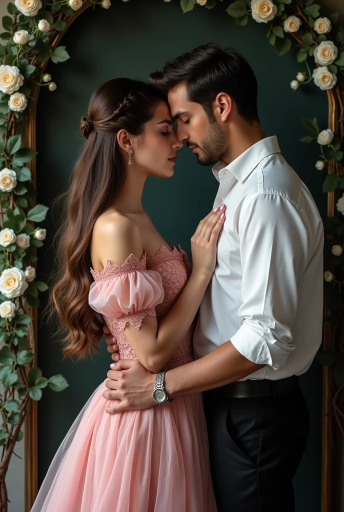 A man and a woman in a pink dress stand next to each other, hands intertwined in gentle touches, romantic pose, lovers, girl with long hair, a man in a shirt with rolled-up sleeves, beautiful clothes в викторианском стиле, beautiful clothes, open shoulders, dark background with climbing vine with thorns, white roses on black background
