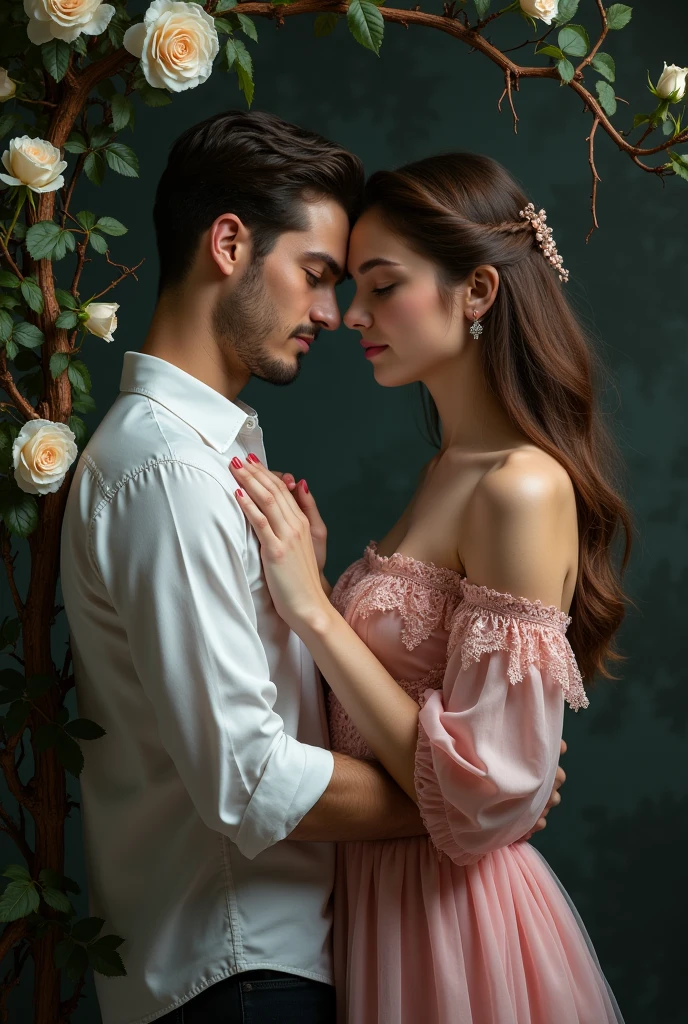 A man and a woman in a pink dress stand next to each other, hands intertwined in gentle touches, romantic pose, lovers, girl with long hair, a man in a shirt with rolled-up sleeves, beautiful clothes в викторианском стиле, beautiful clothes, open shoulders, dark background with climbing vine with thorns, white roses on black background