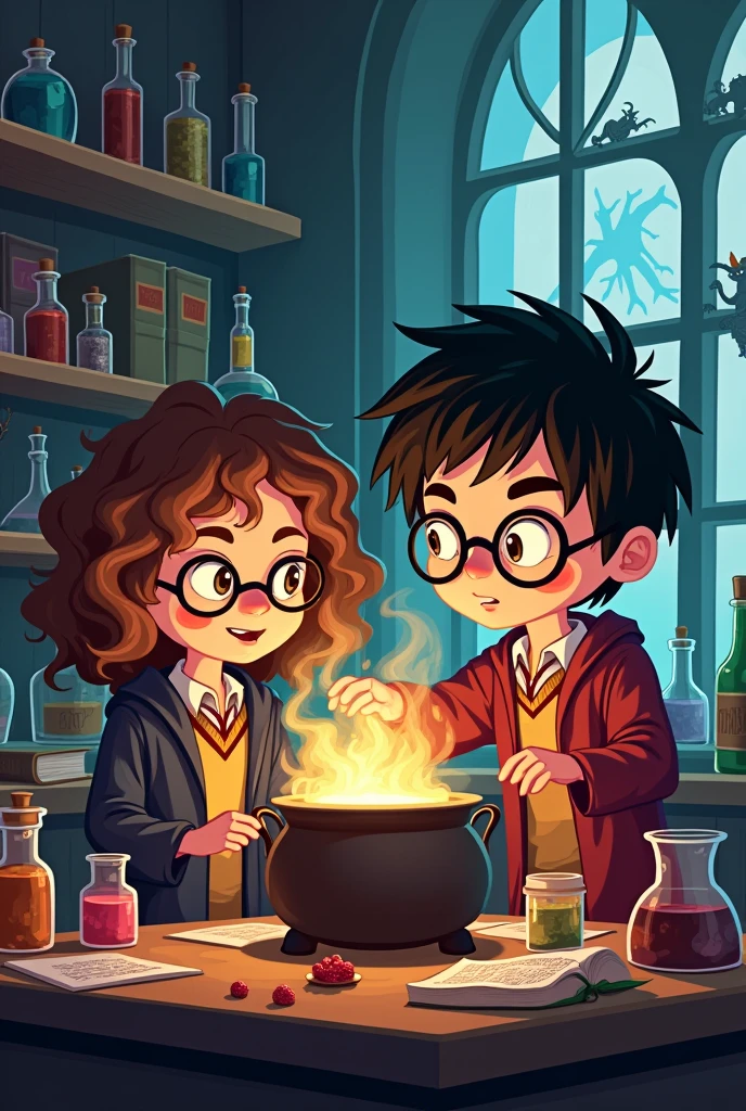 Create a cartoon of Harry Potter making a potion with a witch with curly hair and glasses