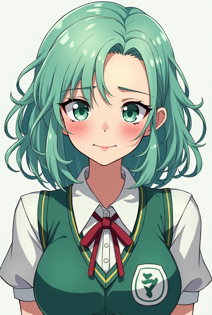 girl panel style Boku no hero wavy hair medium hair light mint color very bright mint eyes very slanted eyes clothing Boku no hero uniform very light skin sarcastic smile showing teeth sexy eyes full mouth pretty
