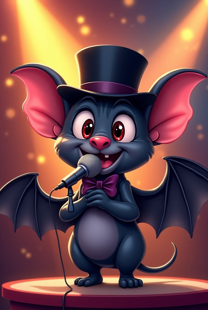 Cute cartoon bat with black gangster hat singing 

