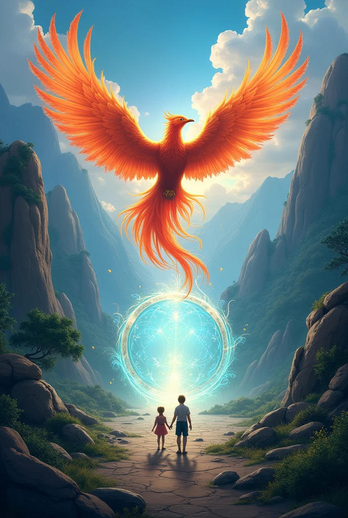 Create an account cover where a phoenix appears flying over a portal with a man on the left and a woman as a princess on the right, at a certain distance from each other, separated by a forest background with mountains.