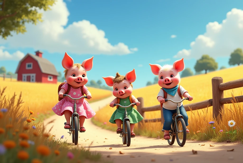 Charming countryside scene, pixar style, 3d, 3 piglets wearing dresses riding bicycles carrying backpacks. one piglet is wearing pink dress with white flowers carrying backpack, other piglet is wearing green dress with white polka dots carrying backpack, one piglet is wearing white t-shirt blue jeans and a blue bandana carrying backpack, Winding dirt road through golden wheat fields. Wildflowers dotting roadside. Rustic wooden fence, distant red barn. Fluffy white clouds in blue sky. Girl's pigtails and dress fluttering in breeze. Warm sunlight, long shadows, game button art, Game illustration, lovely digital painting, artstation for kids art, Official artwork, key art, mobile game art, cover game art, zootopia concept art, (soft lighting:1.3), (green and earthy color scheme:1.3), (highly detailed), (ultra quality:1.3), (masterpiece), (digital art), 8K resolution, HDR, depth of field, (soft shadows), (photorealistic:1.3), (animation:1.2), (by Greg Rutkowski:0.9), (in the style of Alphonse Mucha), trending on ArtStation, award-winning art, 3d style