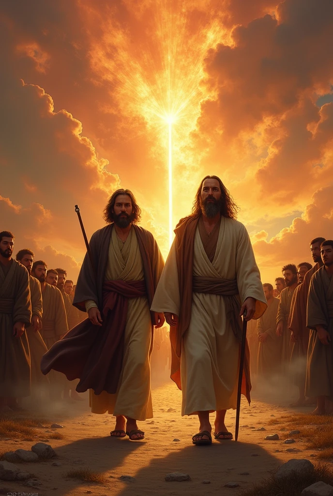 Elisha following Elijah to different places (Betel, Jericho, Jordan), fiery skies, with a crowd, but Elisha always by Elijah's side, representing persistence and loyalty to the calling.