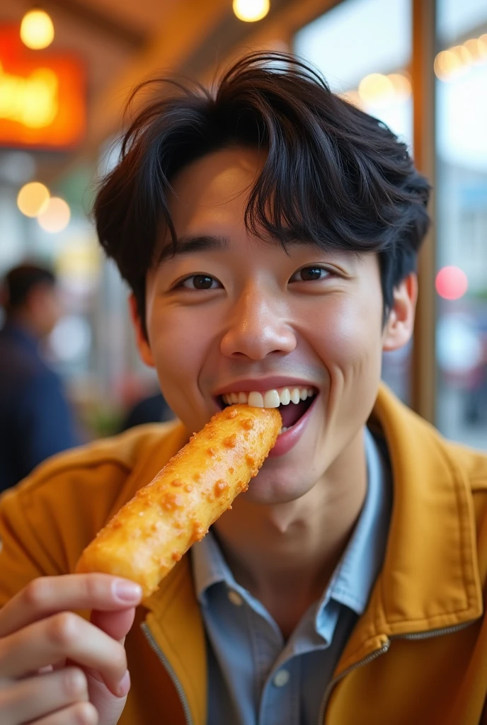 Song Kang eating a Corn Dog