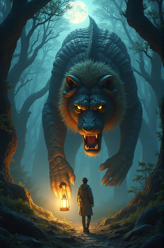There should be a lion, a crocodile's body, a forest, a night and a separate man, he should have a light in his hand