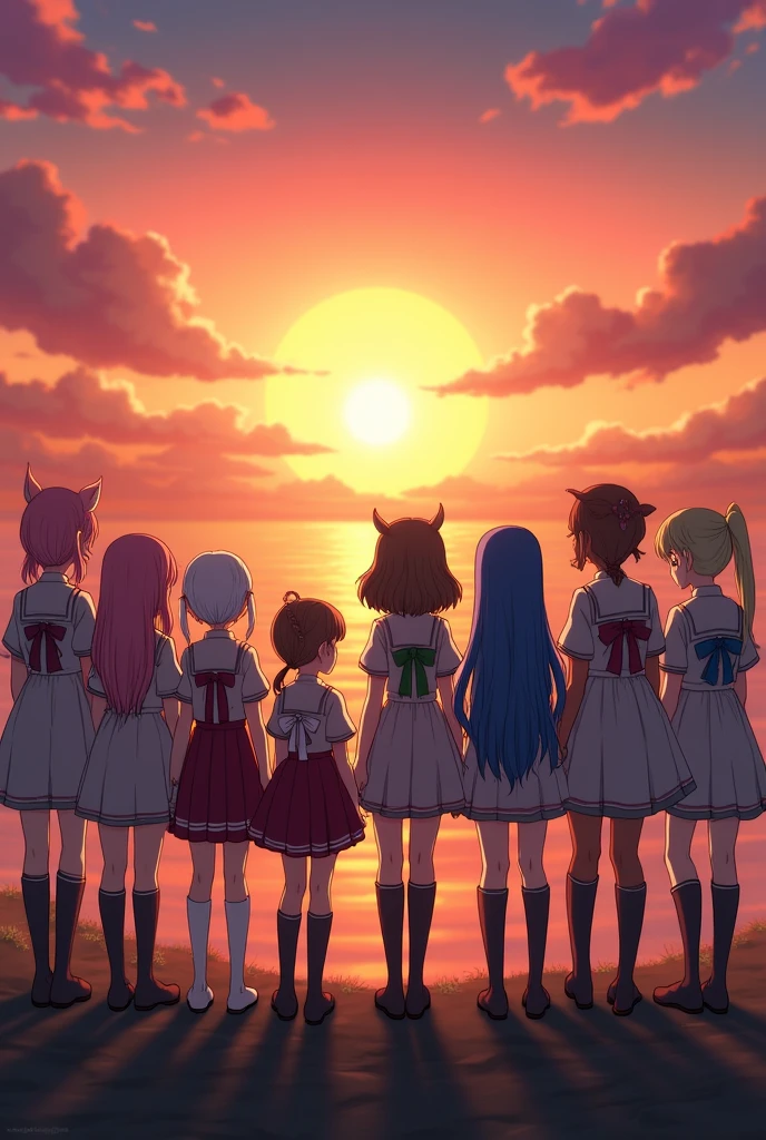(anime) "An illustration of eight girls with their backs turned, looking towards the horizon. Each one has a specific hairstyle and wears a characteristic royal school uniform.. besides, They all must have a distinctive bow that can be on their clothes, hair or body parts. The hair styles are: 8 girls 1.A fairy with pink hair, pointy ears, but without wings.
2.Another one with brown hair and green tips on her bangs, and slightly dark skin complexion.
3.A short girl with two long pigtails of white hair that reach to her waist.
4.Another one with short hair and bangs painted with a little blue.
5.Another with light dark blue hair that reaches to the calf.
6.Another with short brown hair and long bangs, also with dark skin complexion.
7.Another one with blonde hair and not so striking lion ears.
8.Another with greenish hair tied in a ponytail that reaches to the waist.
The horizon should suggest a wide landscape where you cannot see their legs., Let it be a sunset and let it be aesthetic
