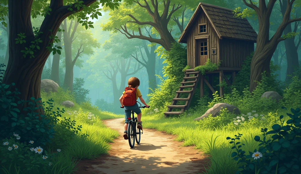 The next morning, Lily set out on her bike, following the map through the town and into the forest. The path was winding and overgrown, but she didn't mind. Her excitement grew with every pedal. As she got closer to the 'X' on the map, she found an old, abandoned treehouse she had never seen before, hidden among the trees.