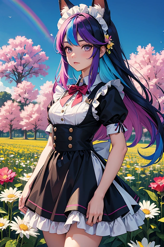 A girl with long hair and rainbow-colored hair is wearing a maid outfit and standing in a flower field with lots of big flowers. Upper body, fox ears.