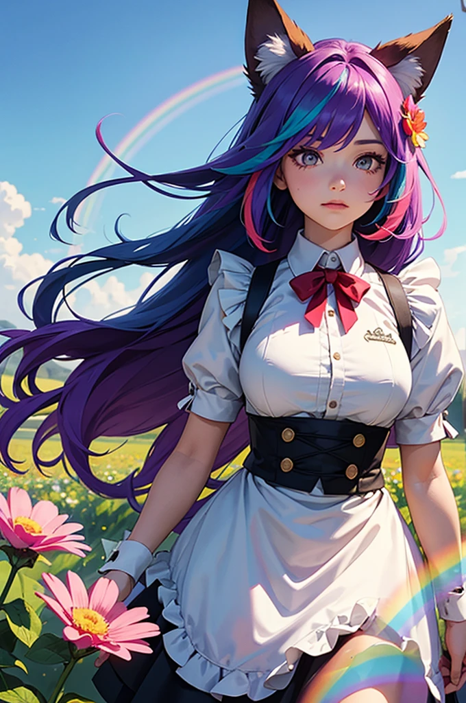 A girl with long hair and rainbow-colored hair is wearing a maid outfit and standing in a flower field with lots of big flowers. Upper body, fox ears.
