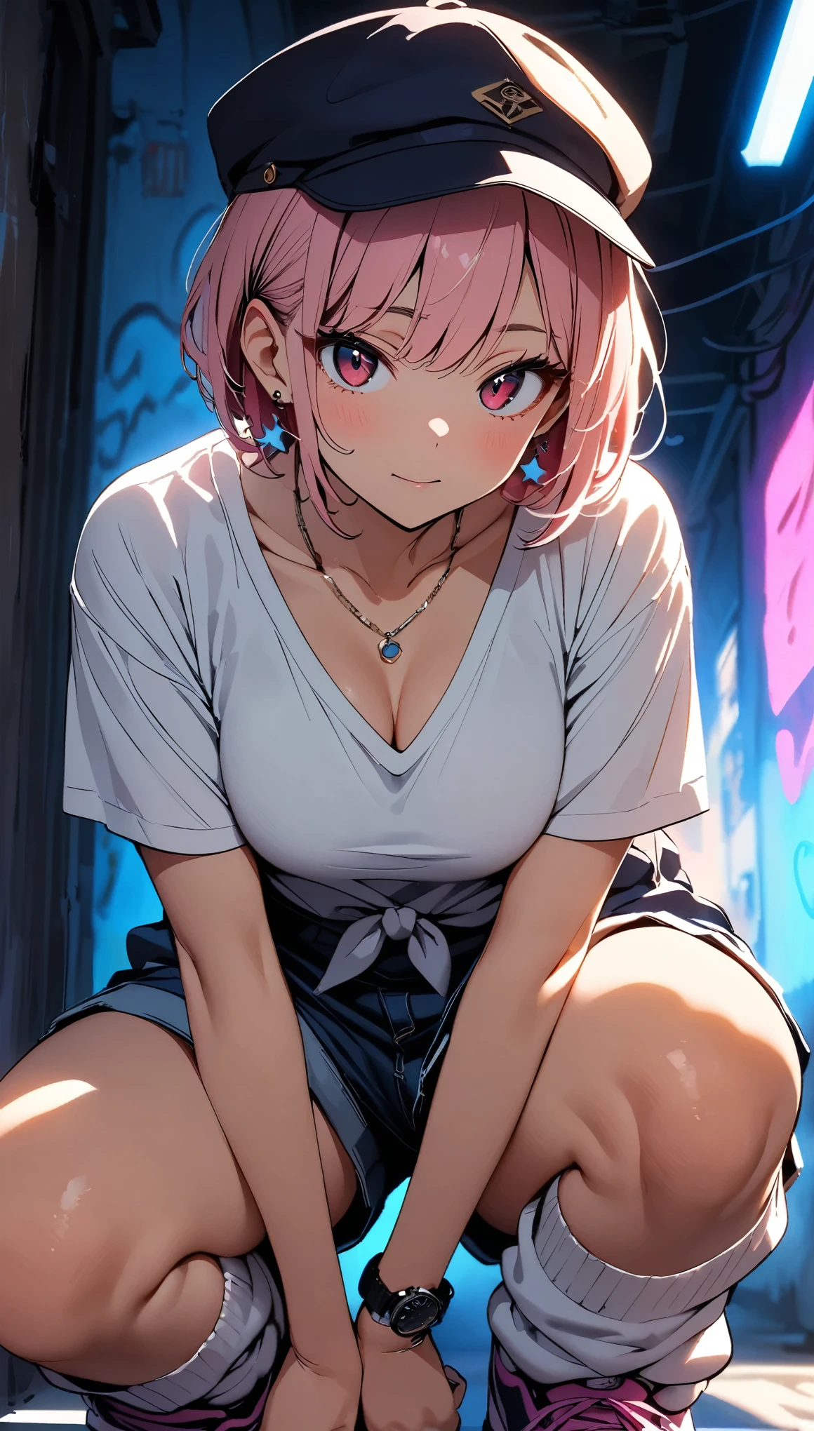 (high quality, 8k, 4K, High Contrast, masterpiece:1.2, 最high quality, Best aesthetics),high angle shot, full shot, Newsboy cap:1.1, ((1 female)),((Crouching:1.5)), ((Low light graffiti background:1.3)), ((Flat Color)),High Contrast, Contrasting colors, , Pale pink and blue lighting,Pink Hair, Red eyes, Oversized blackTshirt,Denim shorts,(White loose socks),Purple sneakers, Looking at the audience, (Cool look), Sleepy eyes, ((Short Hair)) , (Tied Hair), Small star-shaped earrings in both ears, bright eyeshadow, Mature face,watch on right wrist,necklace,The cleavage is visible